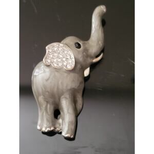 Gray Enamel ElephantRhinestone Ears Gold Trim Toes Tusk Trunk Ears
